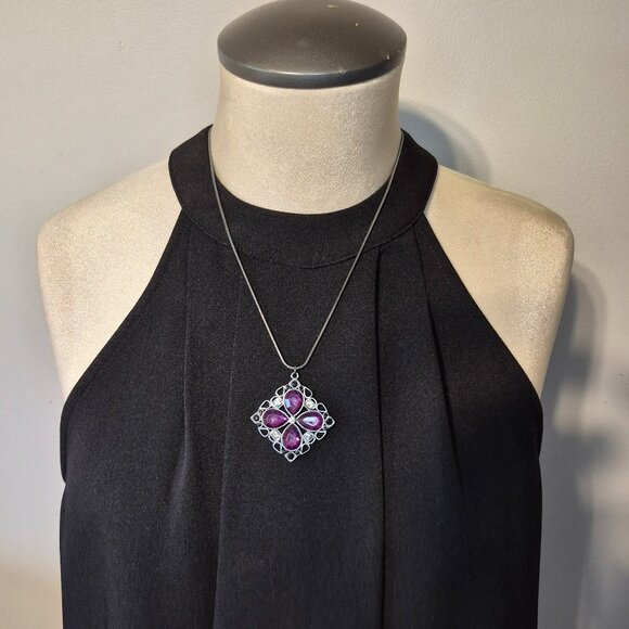Magenta, Black and Clear Stone Ornate Pendant on a Gunmetal Snake Chain - Picture 1 of 4